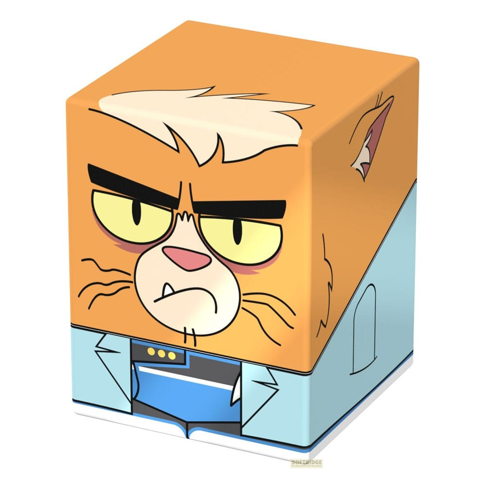 Un personnage cube orange en forme de chat avec un visage sévère, des lunettes et des vêtements bleus.