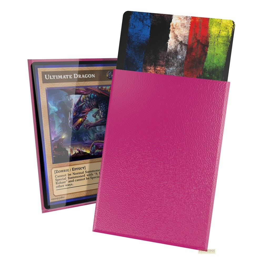 Une boîte à cartes rose et une carte à collectionner représentant un dragon.
