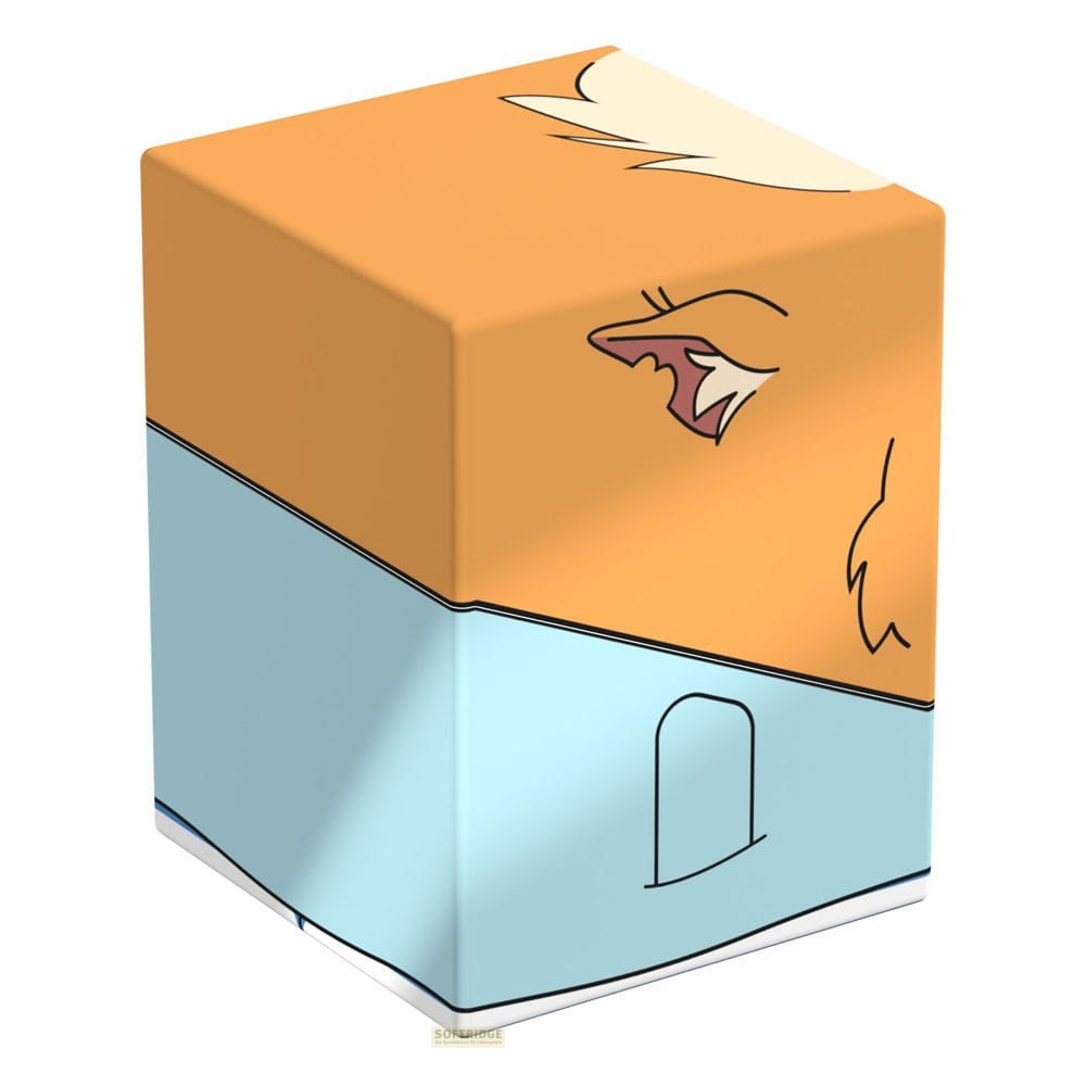 Un cuboïde orange et bleu avec des dessins au trait de style cartoon sur fond blanc.