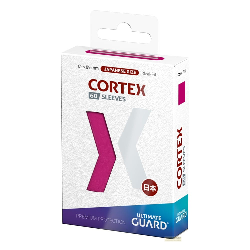 Une boîte blanche de protège-cartes Ultimate Guard Cortex avec des accents roses et 60 pochettes.
