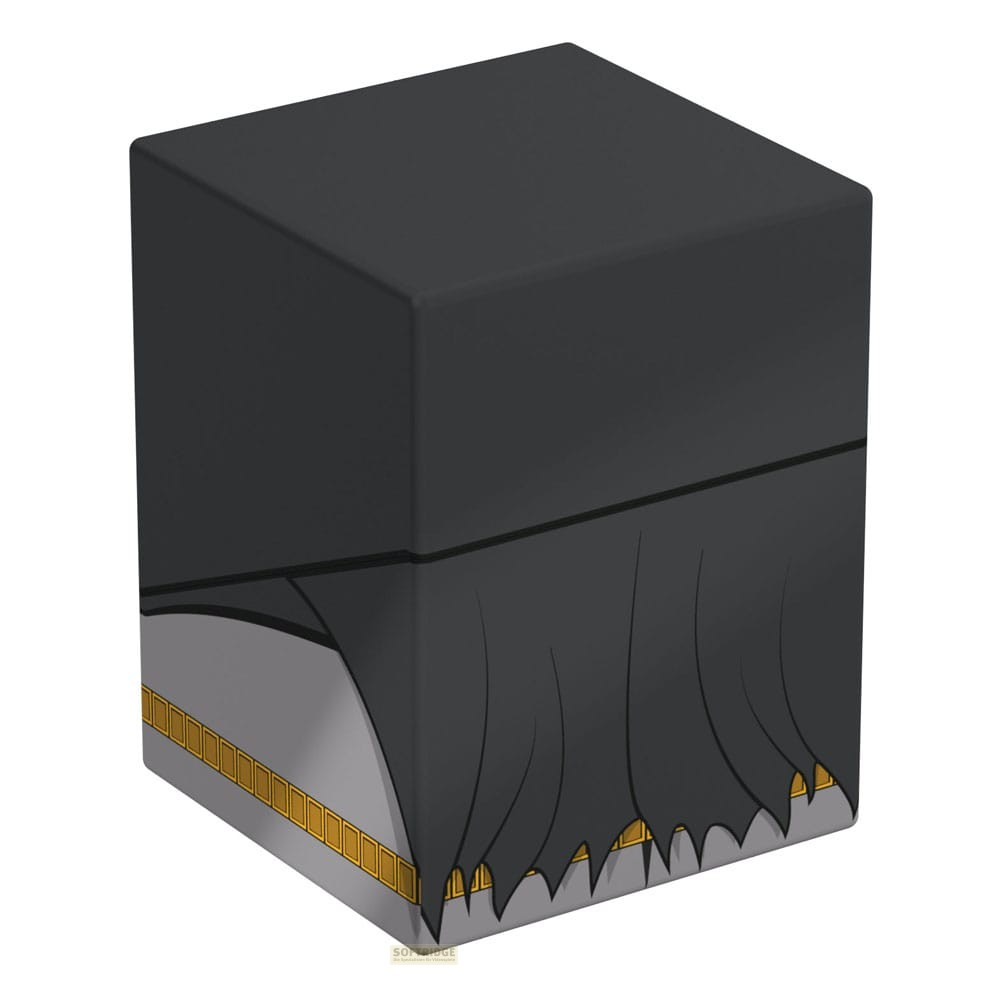 Un contenant noir en forme de cube avec une base grise et des détails dorés.