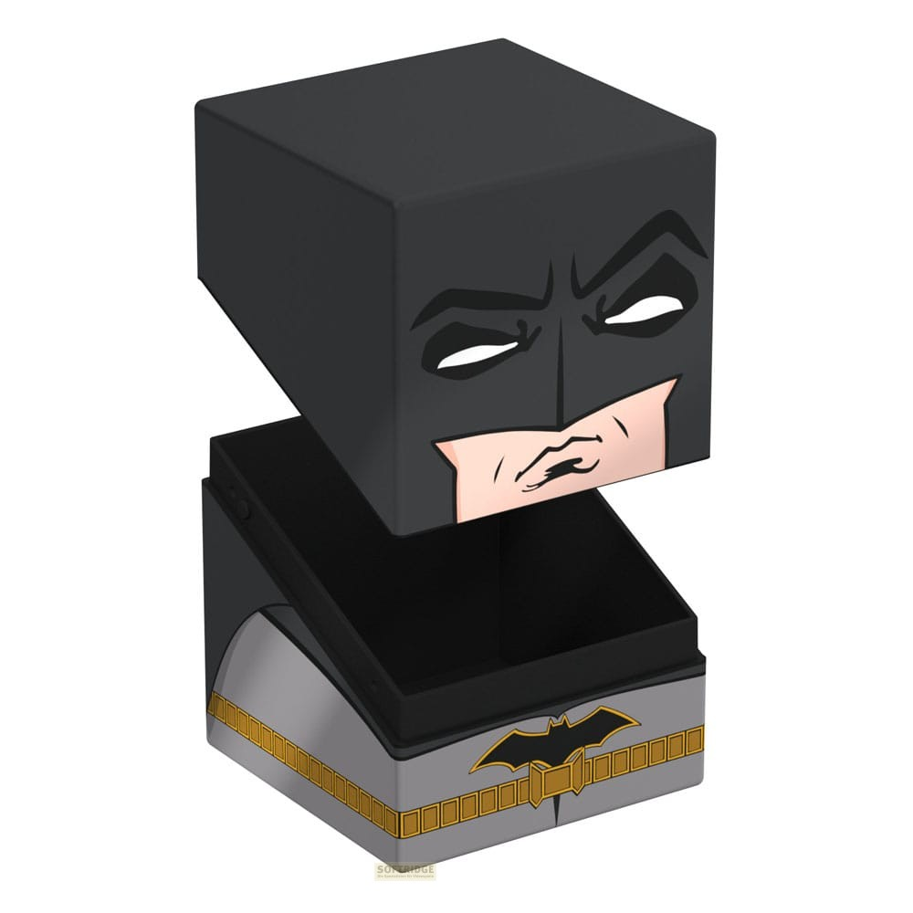 Une boîte cube Batman avec un couvercle ouvert et le symbole de la chauve-souris.