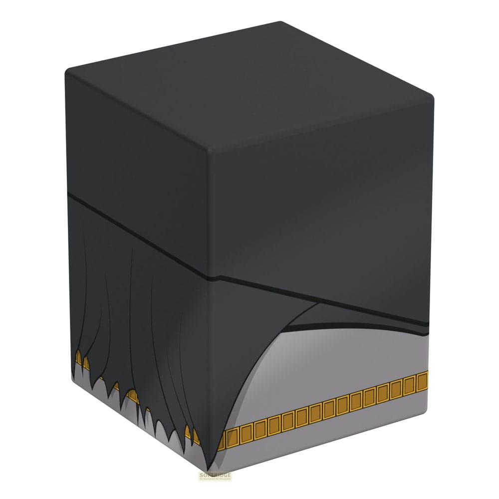Un cube graphique noir avec le capuchon et la cape de Batman, muni d'une ceinture dorée sur fond blanc.