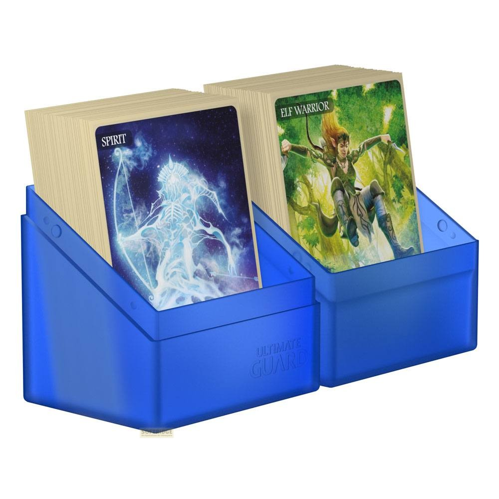 Deux boîtes de deck bleues remplies de cartes, montrant un esprit et une guerrière elfe.