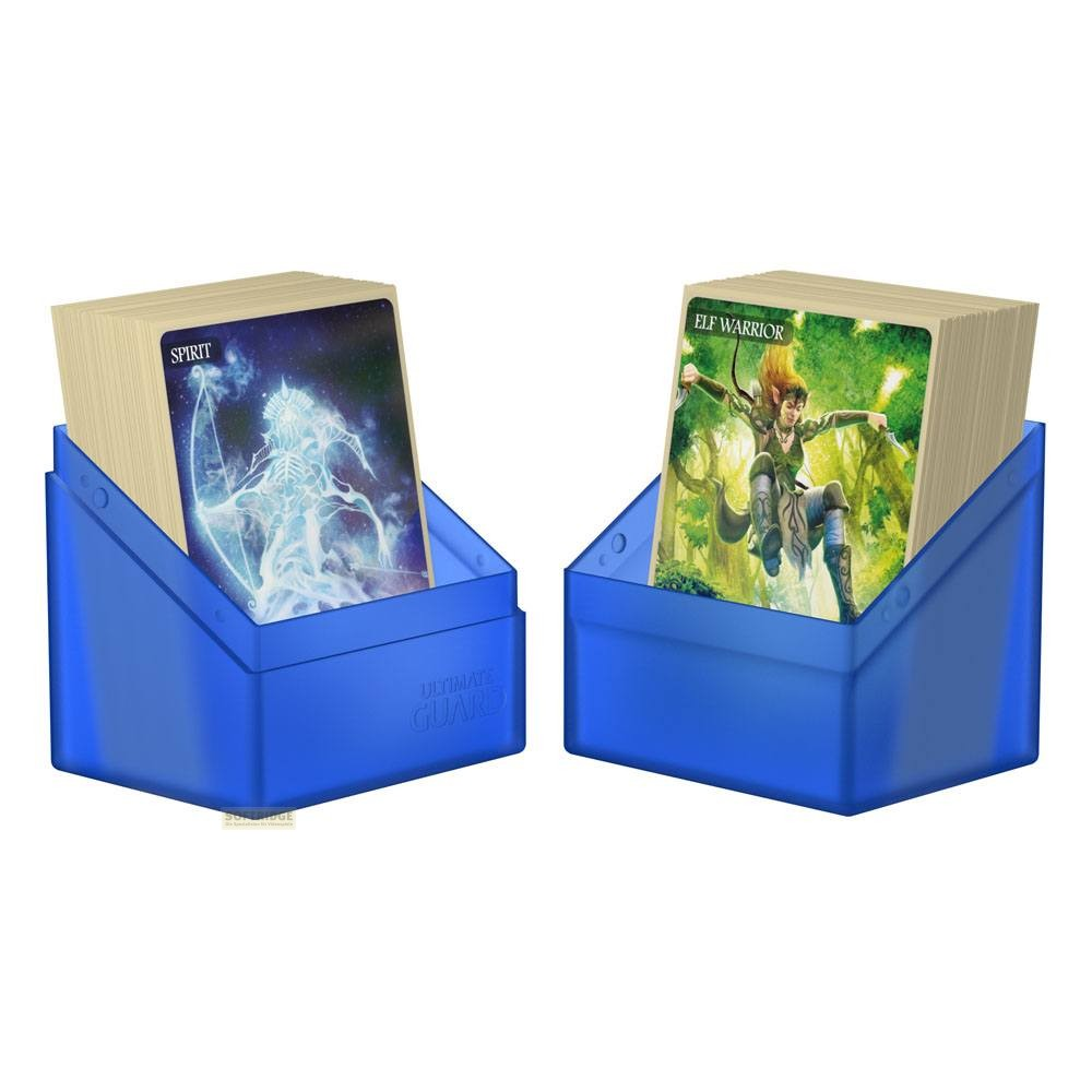 Deux boîtes de deck bleues avec des cartes, l'une montre un esprit et l'autre un elfe guerrier.
