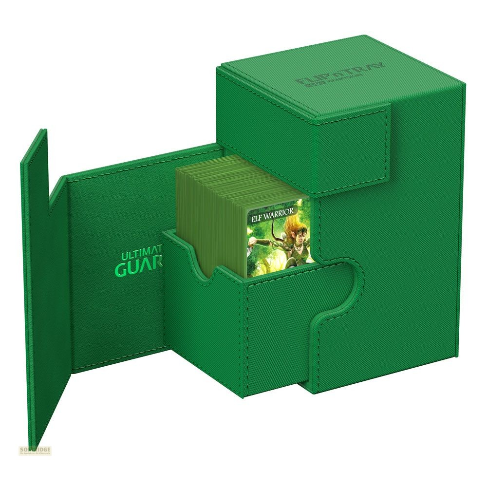Boîte de cartes verte avec rabat ouvert, remplie de cartes Elf Warrior sur fond blanc.