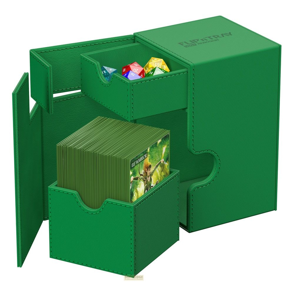 Boîte de jeu de cartes verte avec un compartiment ouvert rempli d'un jeu et de dés colorés.
