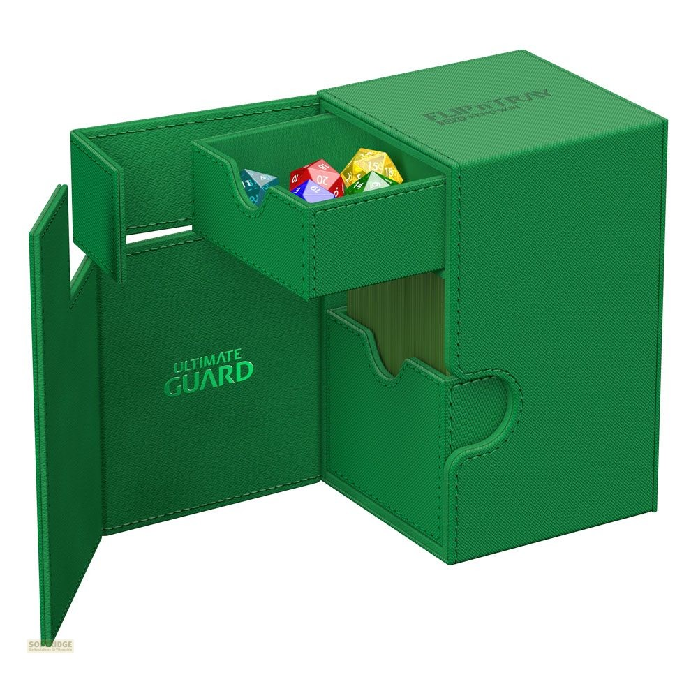 Boîte verte Ultimate Guard Flip'n'Tray avec tiroir ouvert et dés colorés.