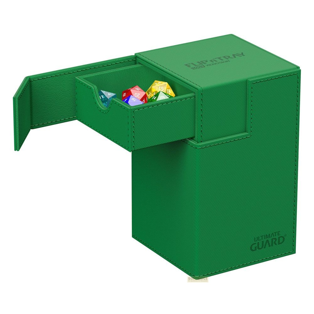 Une boîte en cuir vert avec un tiroir ouvert contenant des dés colorés.