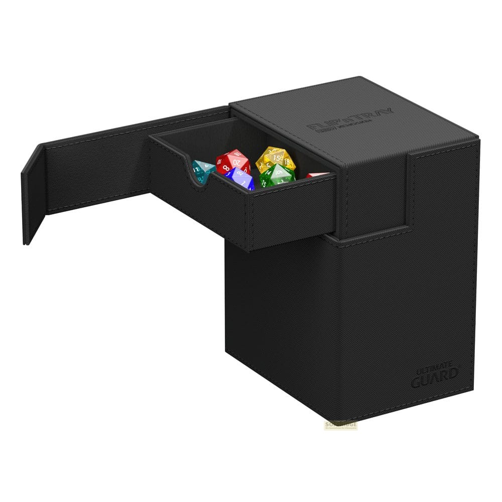 Une boîte de deck noire avec tiroir ouvert montrant des dés colorés à l'intérieur, sur fond blanc.