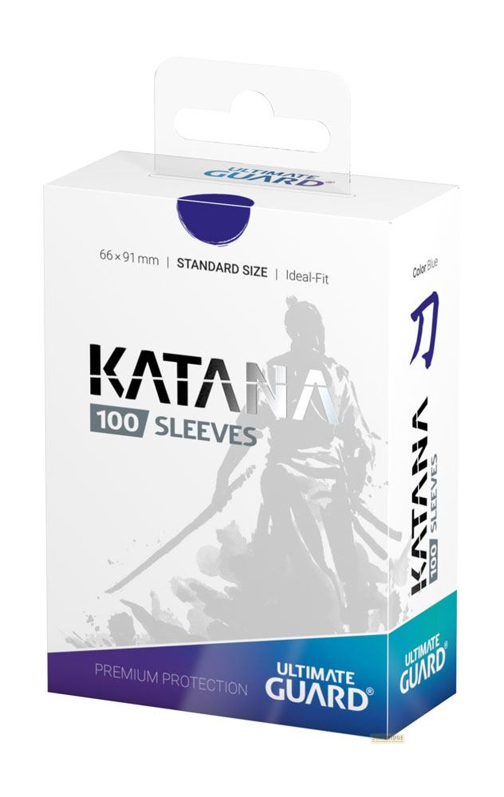 Une boîte blanche de protège-cartes Katana 100 avec des accents bleus et noirs et un graphique de samouraï.