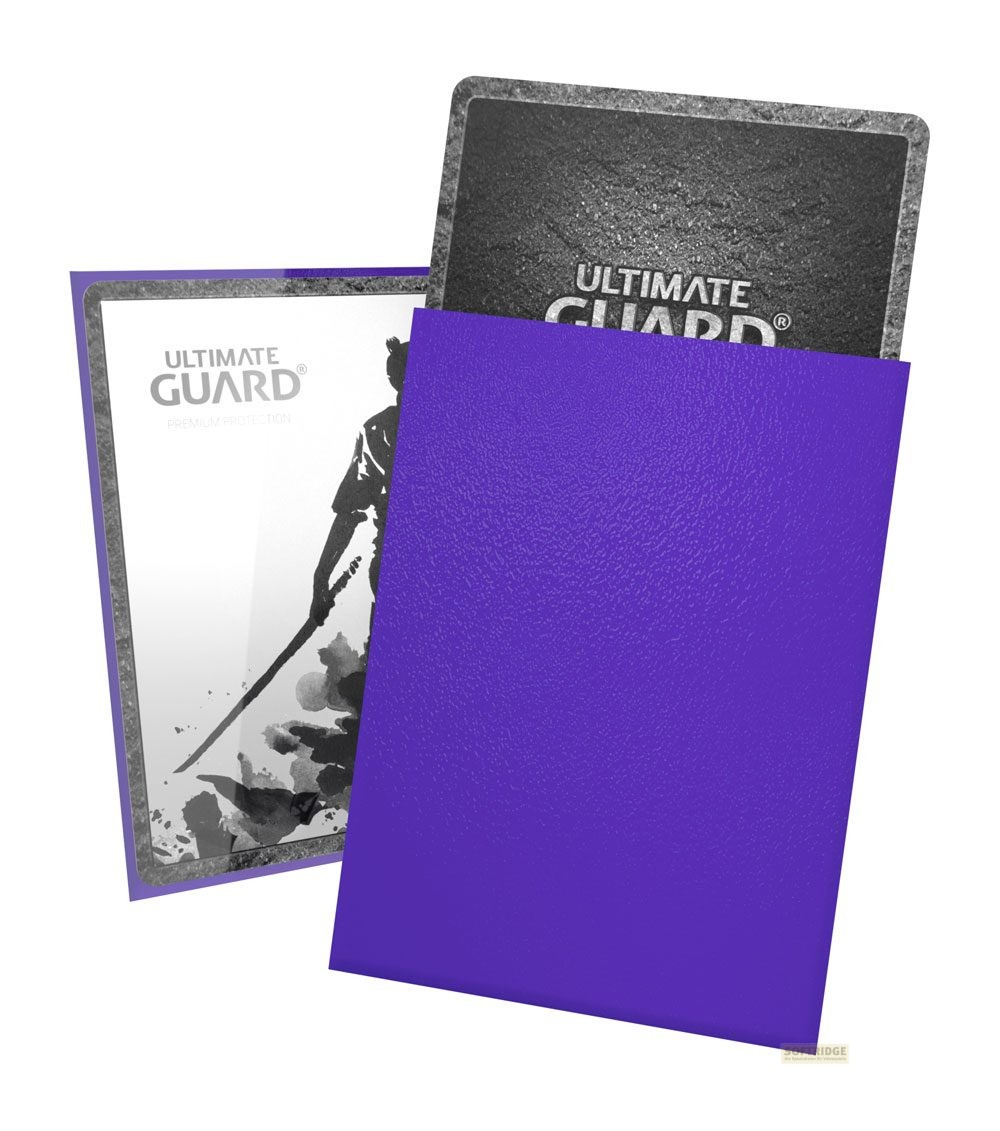 Protège-cartes Ultimate Guard violettes avec fond noir et logo blanc.