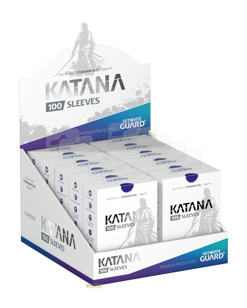 Boîte de présentation contenant dix paquets de protège-cartes Ultimate Guard Katana blancs.