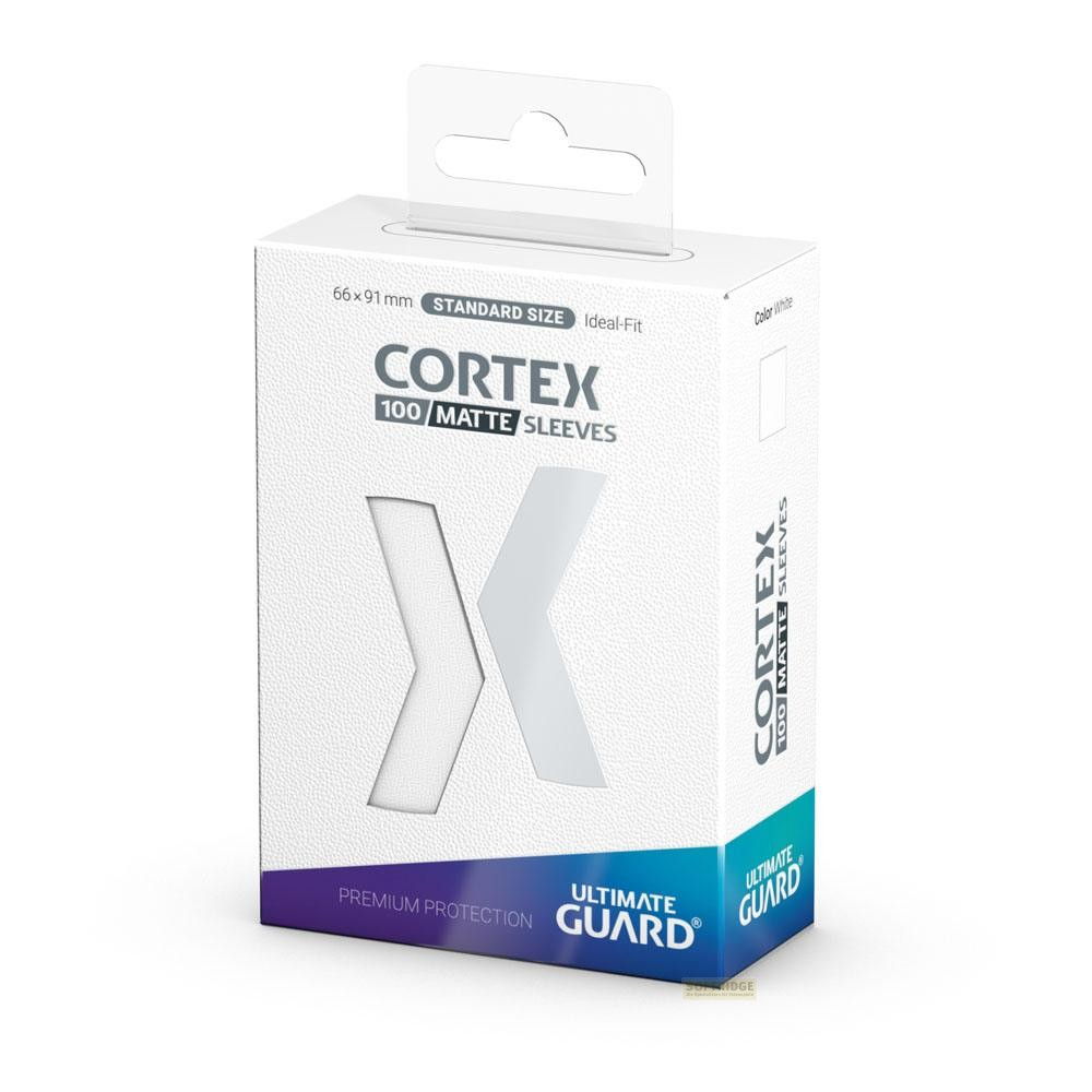 Une boîte blanche de protège-cartes mat Cortex 100 d'Ultimate Guard avec un grand X gris.