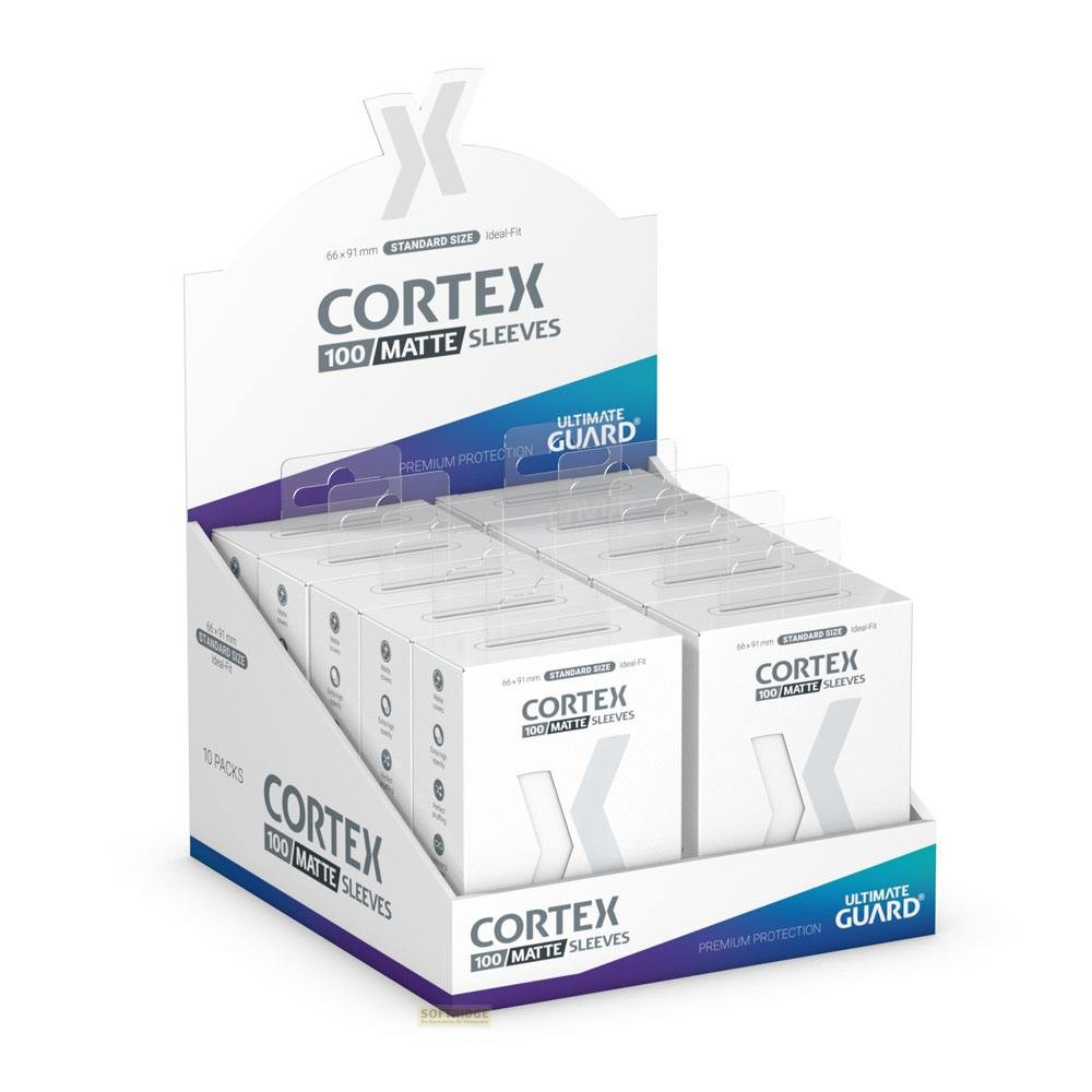 Boîte de présentation avec protège-cartes mats blancs Cortex d'Ultimate Guard, remplie de 10 paquets.
