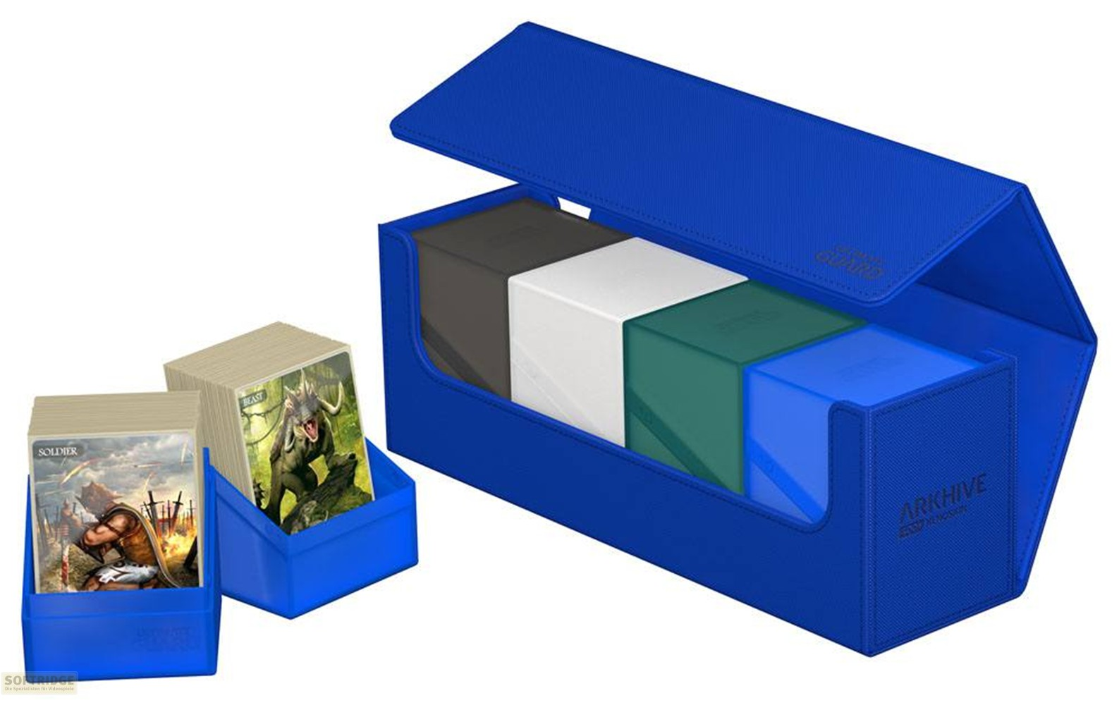 Boîte de rangement bleue pour cartes avec quatre boîtes de deck et deux petites boîtes.