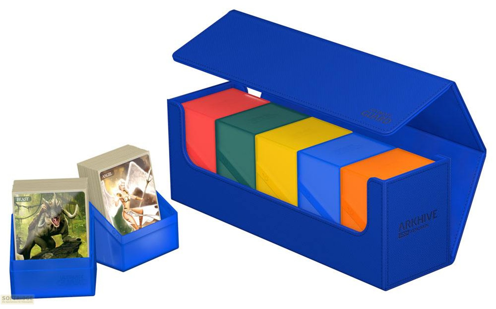 Une boîte de cartes bleue avec un couvercle ouvert contient cinq boîtes colorées, à côté de deux petites boîtes bleues.