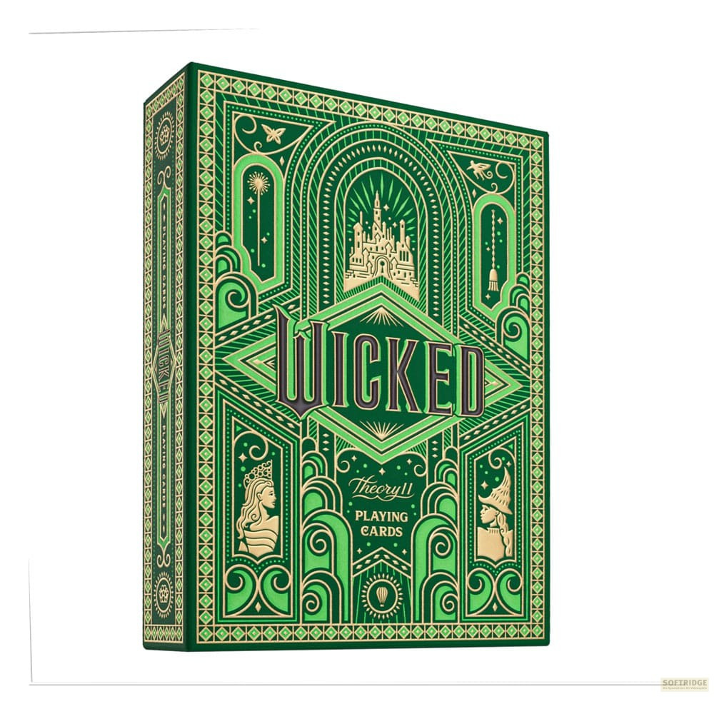 Une boîte de cartes Wicked verte et dorée avec motifs art déco, illustration de château et icônes de personnages.