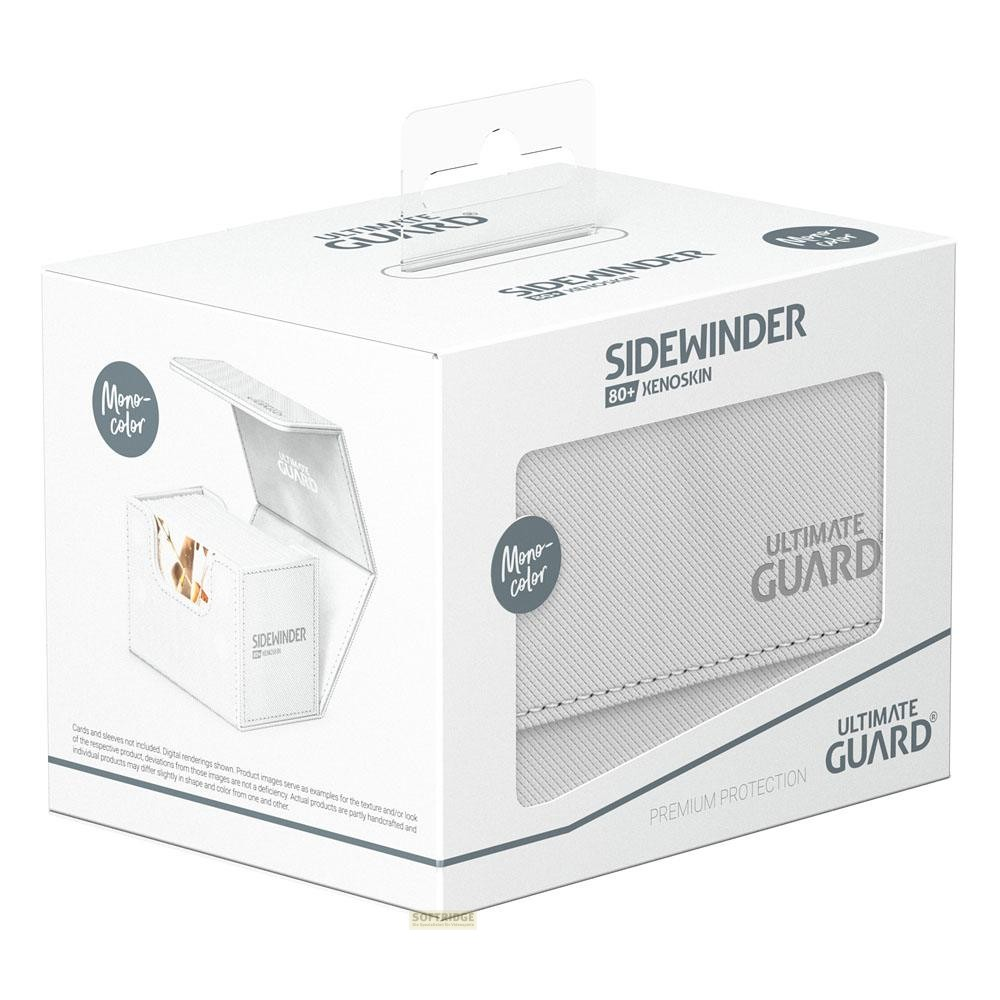 Une boîte de deck blanche Ultimate Guard Sidewinder 80+ Xenoskin dans son emballage d'origine sur fond blanc.