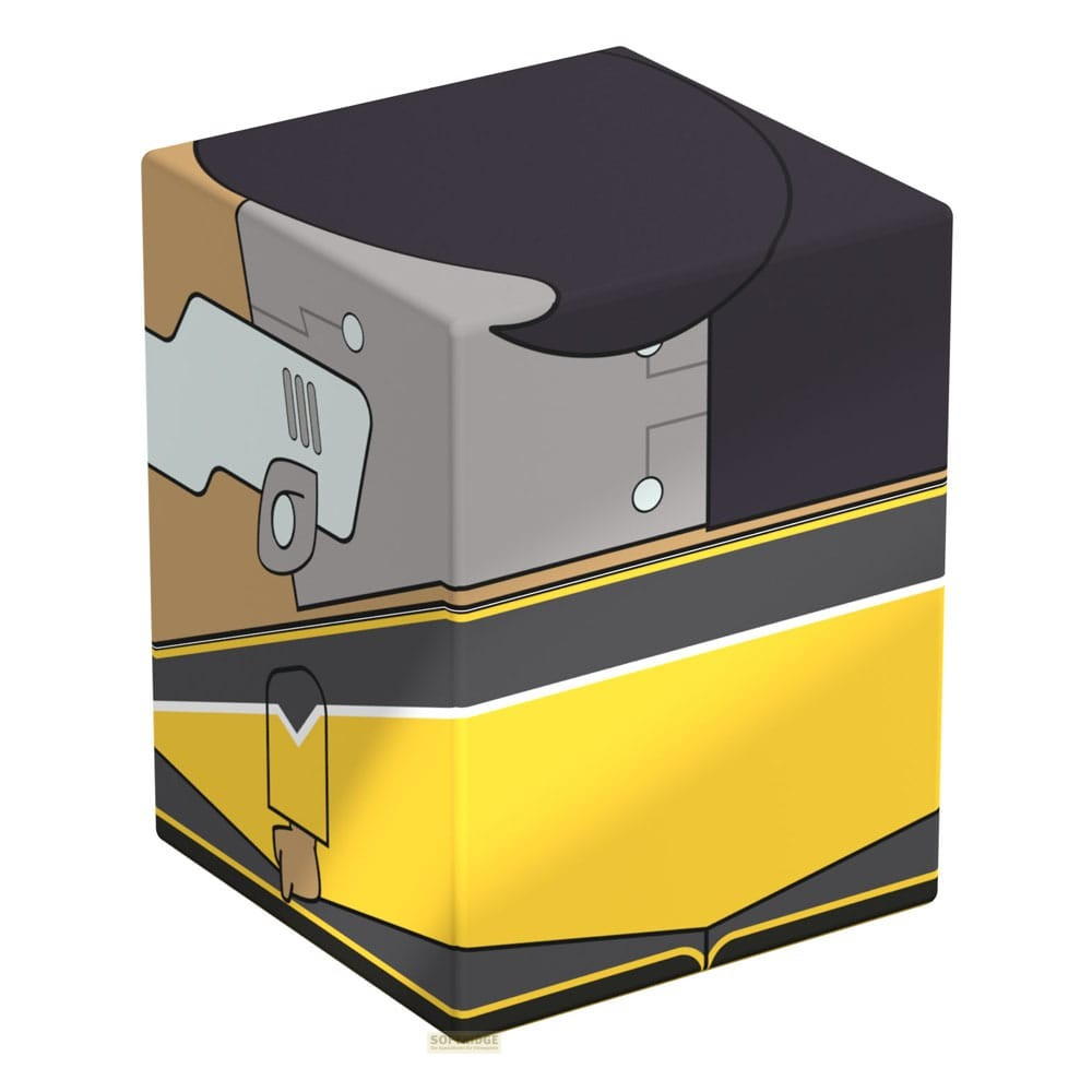 Un bloc jaune, gris et noir avec un design de personnage de dessin animé abstrait.