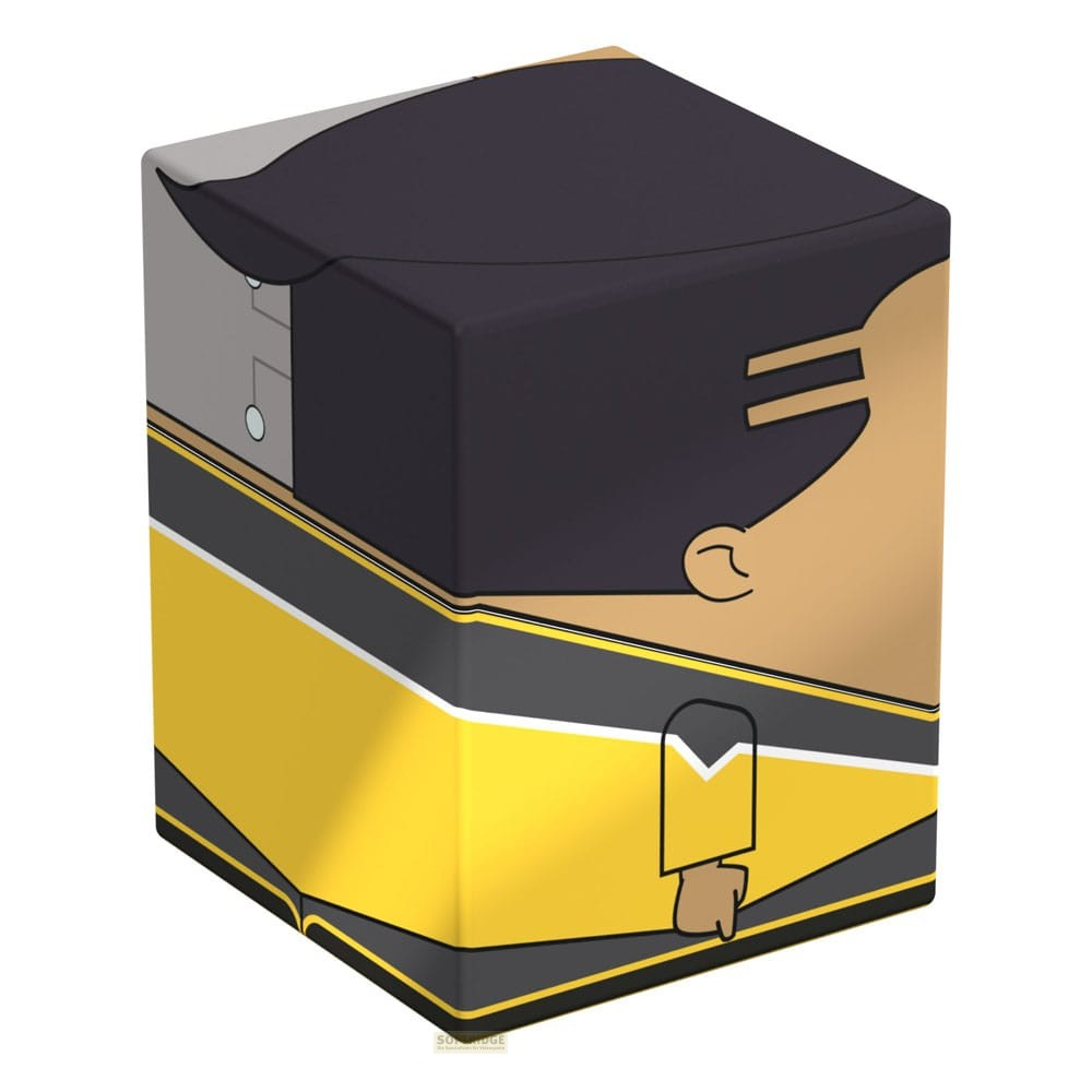Une boîte en carton rectangulaire avec des cheveux noirs graphiques sur le dessus et un design jaune, noir et blanc.