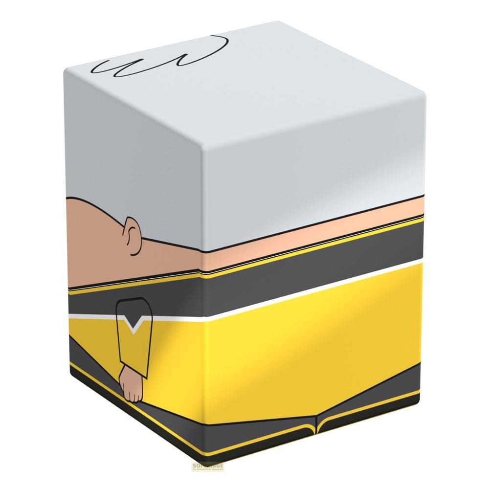 Un bloc rectangulaire blanc illustrant un personnage vêtu de jaune, de gris et de noir.