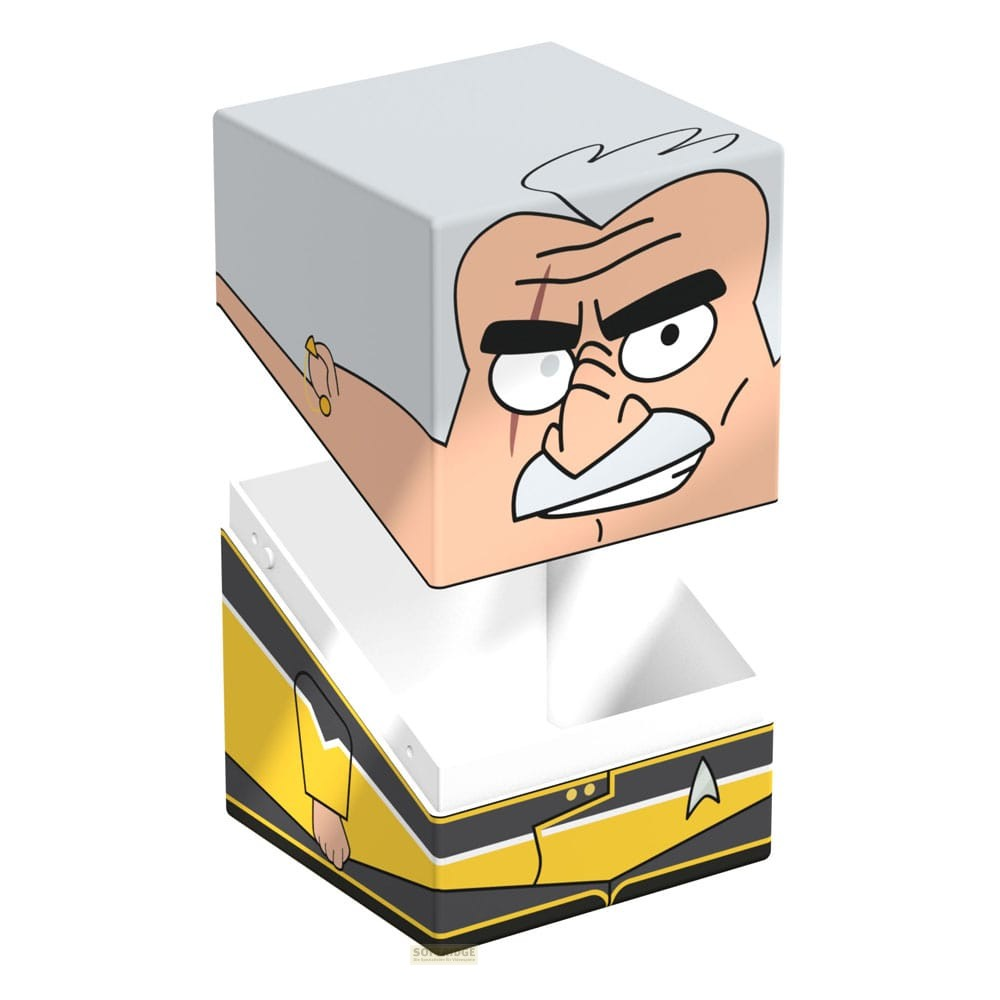 Un cube en papier pliable représente le capitaine Riker avec des cheveux gris et un uniforme.
