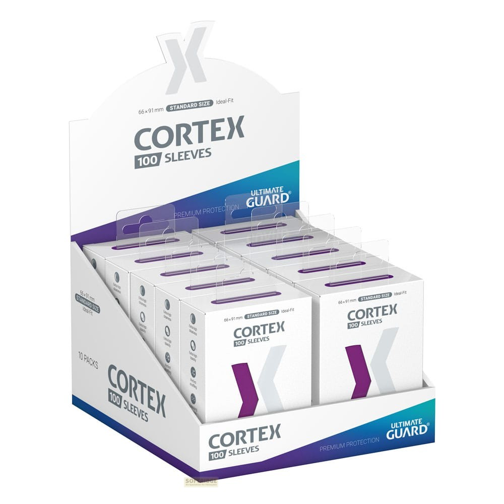 Boîte de présentation contenant dix paquets de protège-cartes Cortex d'Ultimate Guard.