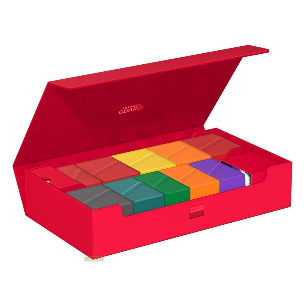 Une boîte rouge avec un couvercle ouvert, remplie de boîtes de jeux colorées arc-en-ciel.