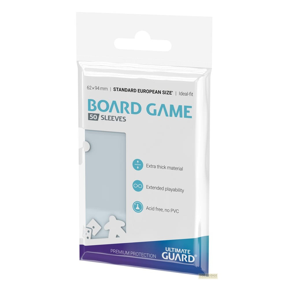 Paquet de 50 protège-cartes Ultimate Guard pour jeux de société de taille européenne standard, sur fond blanc.