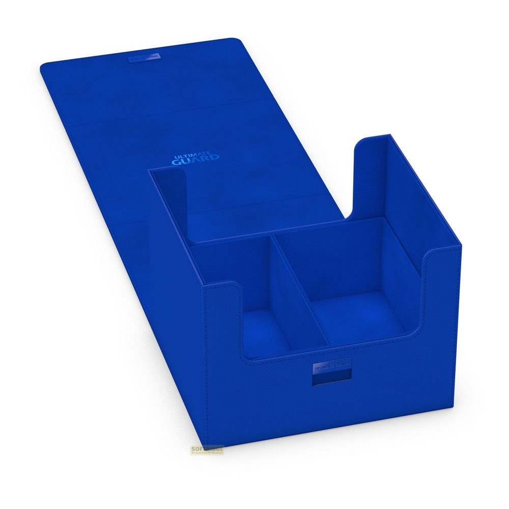Boîte à cartes bleue ouverte avec deux compartiments et un long couvercle sur fond blanc.