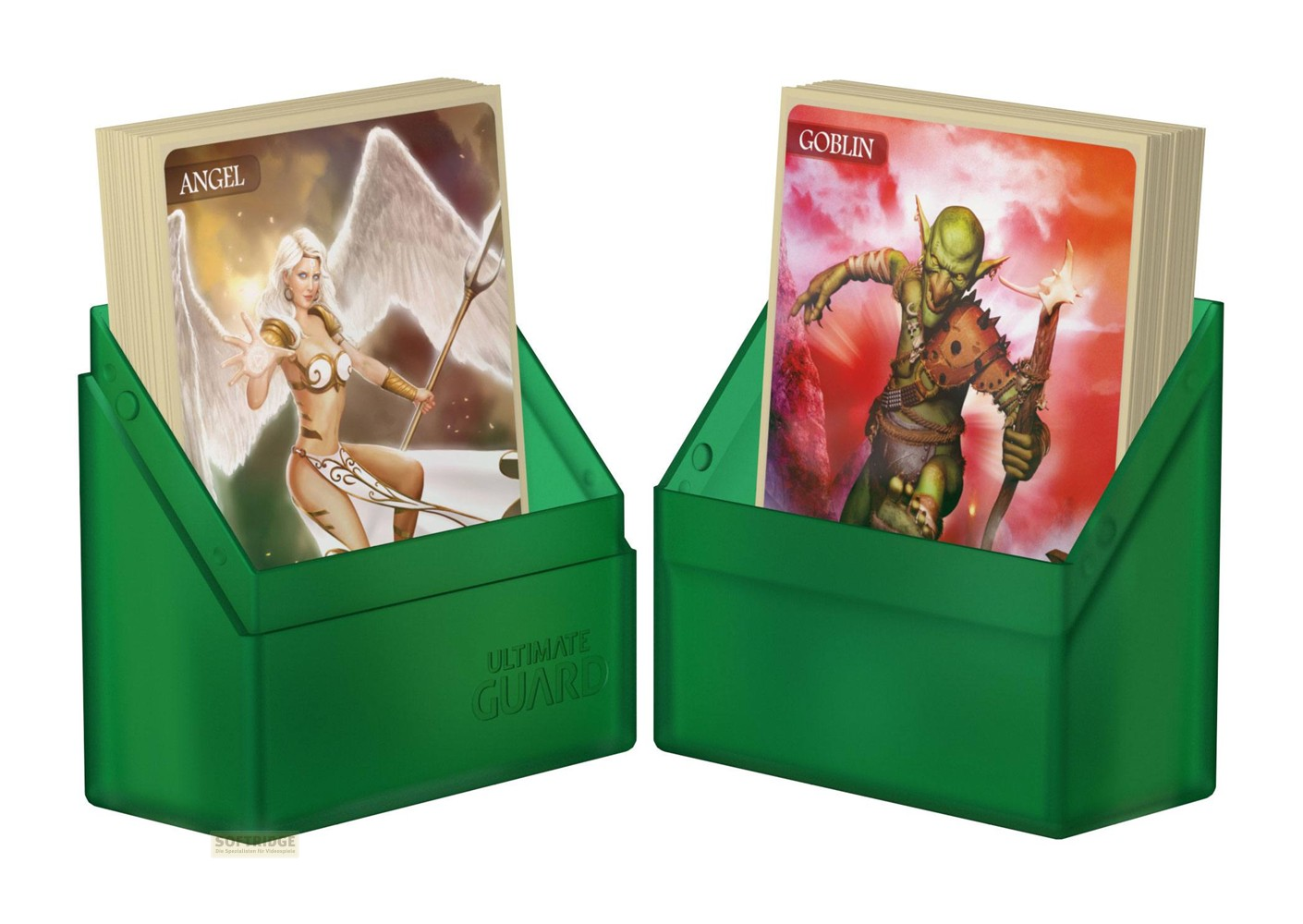 Deux boîtes de deck vertes contenant des cartes, l'une montrant un ange et l'autre un gobelin sur fond rouge.