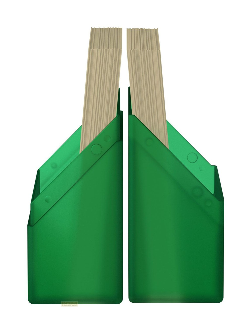 Deux porte-documents en plastique vert côte à côte, remplis de piles de papier.