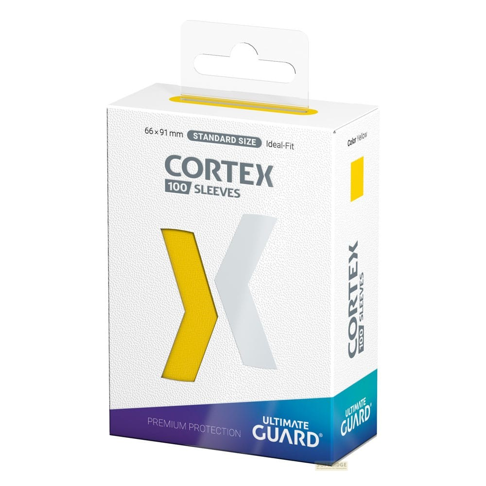 Boîte blanche et jaune de protège-cartes Ultimate Guard Cortex 100 avec un grand X et une languette.