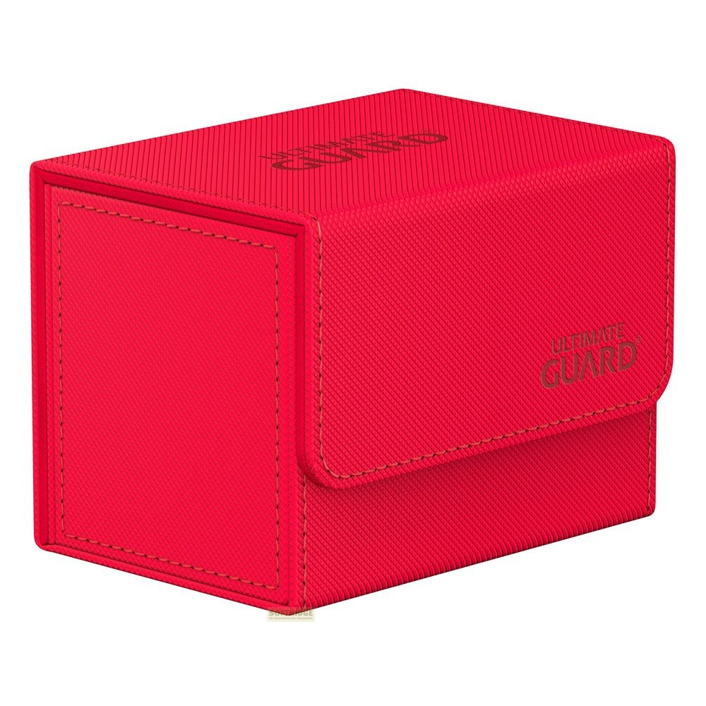 Une boîte de deck Ultimate Guard rouge texturée avec des bords cousus et un logo en relief sur fond blanc.