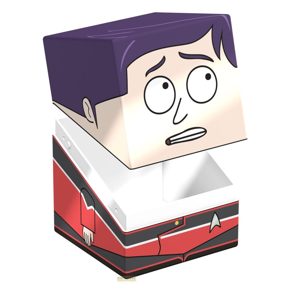 Personnage cubique en papier avec des cheveux violets et un uniforme rouge.