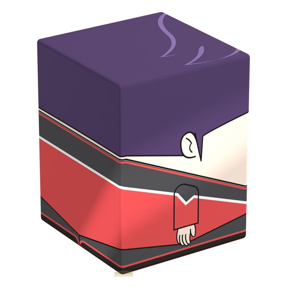 Un personnage stylisé aux cheveux violets vêtu de rouge et de noir, représenté sur une boîte carrée.