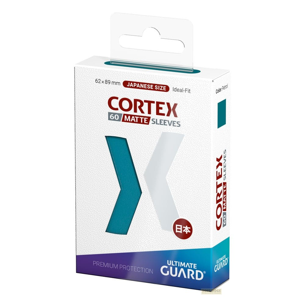 Boîte blanche Cortex Matte Sleeves avec design X bleu et gris pour 60 cartes taille japonaise.