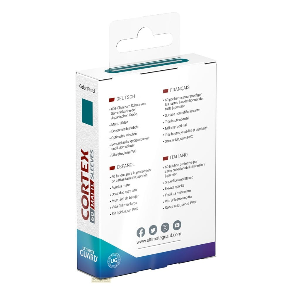 Dos d'une boîte de protège-cartes Ultimate Guard Cortex Matte avec des informations multilingues.
