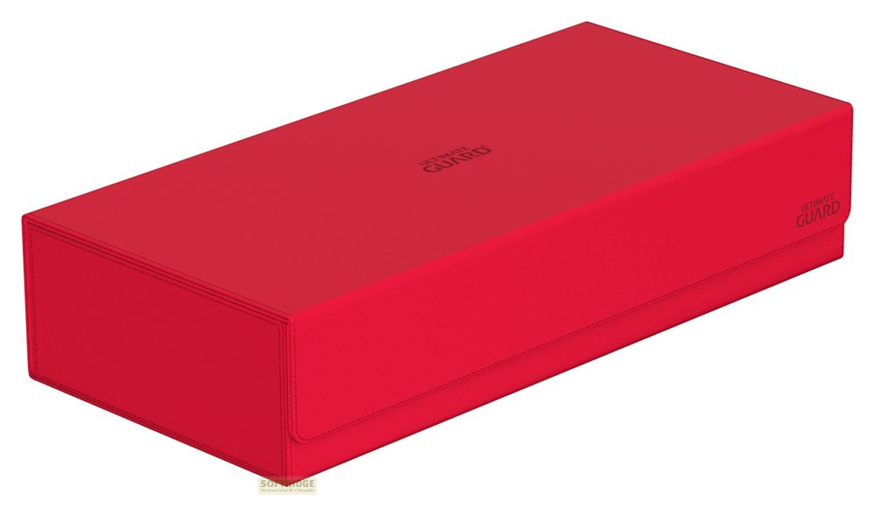 Une boîte de deck Ultimate Guard rouge fermée sur fond blanc.
