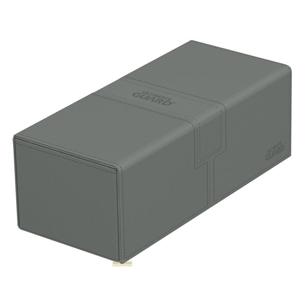 Graue rechteckige Deckbox von Ultimate Guard auf weißem Hintergrund.