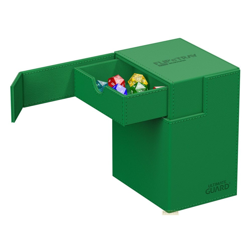Boîte verte Ultimate Guard Flip n Tray avec tiroir ouvert rempli de dés.