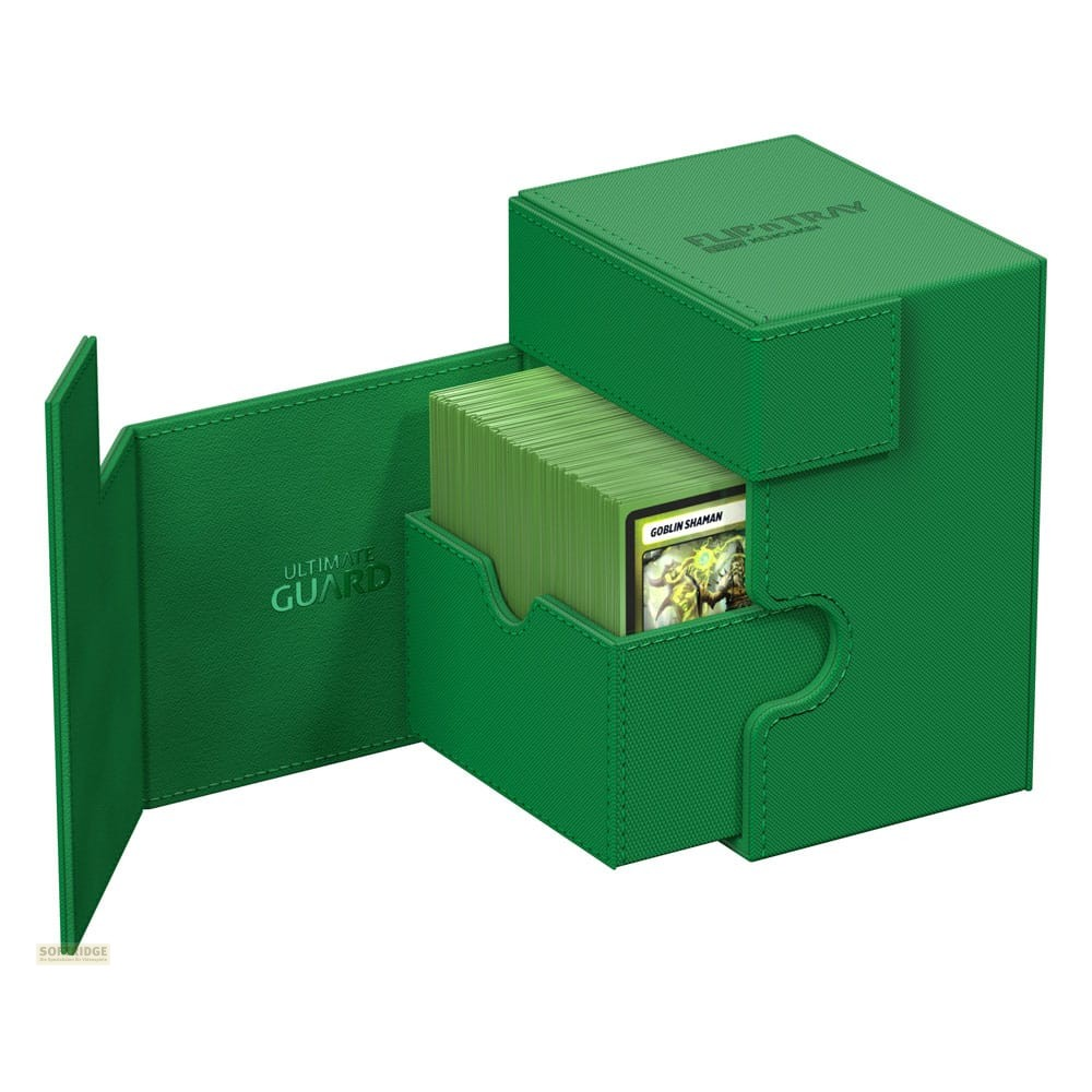 Une boîte de pont Ultimate Guard verte avec un rabat ouvert, remplie de cartes à collectionner vertes.