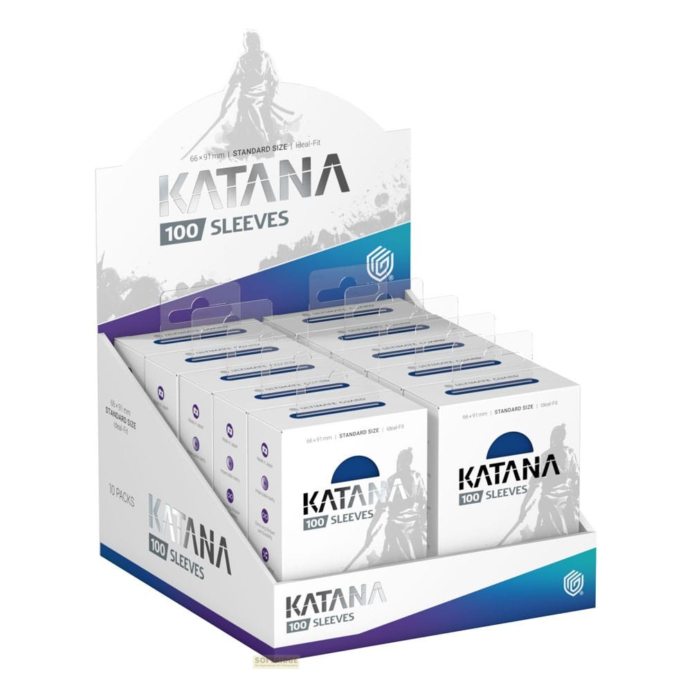 Displaykarton voller Katana Standard Size Kartenspielhüllen, jeweils 100 Stück.