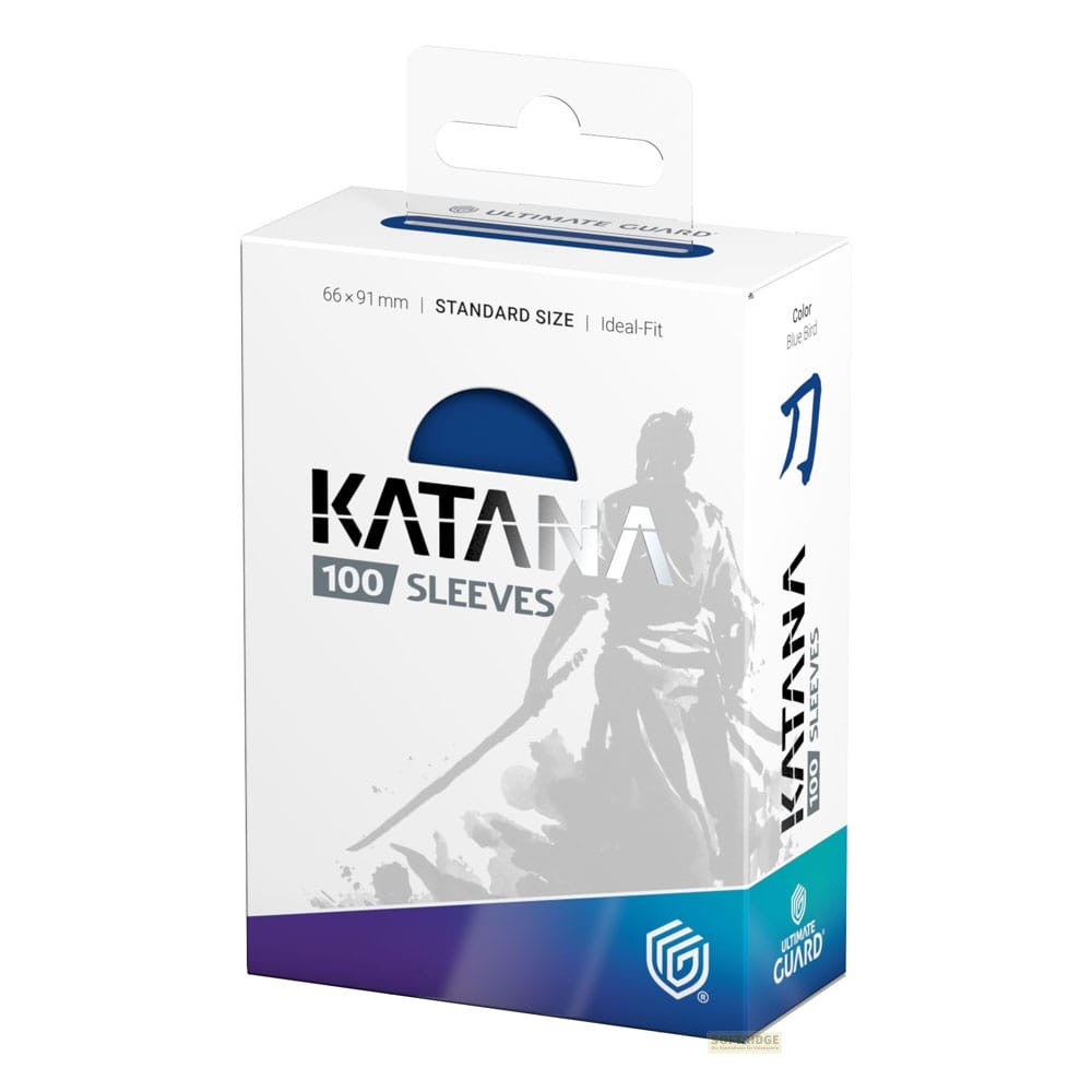 Weiß-blaue Kartenhüllen-Box mit Aufschrift Katana 100 Sleeves und Samurai-Grafik.