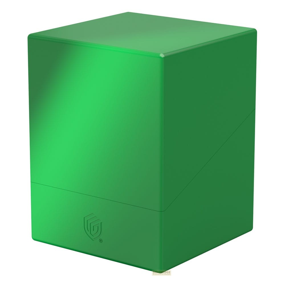 Une boîte de rangement carrée verte unie avec un logo sur le devant sur fond blanc.