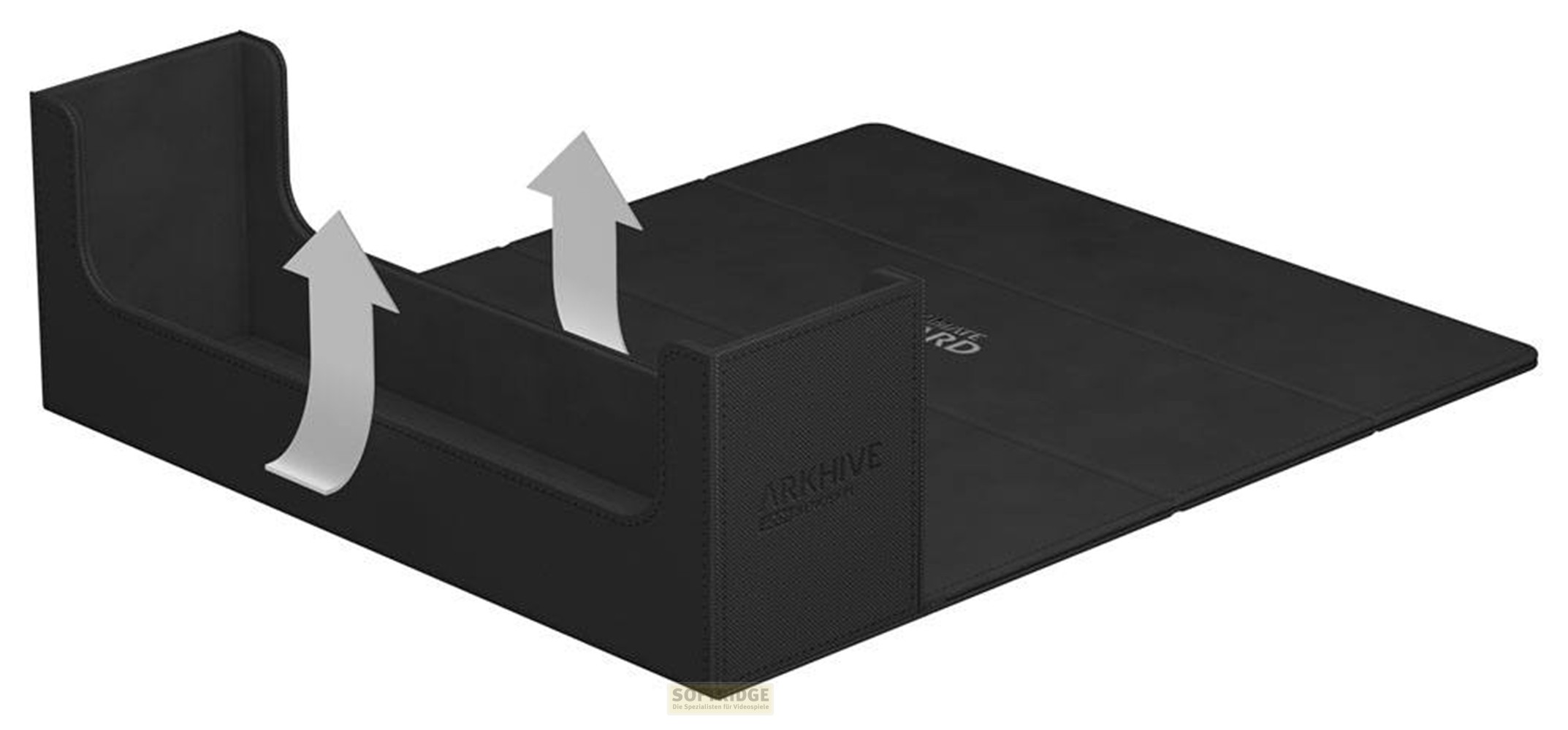 Tapis de jeu noir avec côtés repliables et logos Arkhive imprimés.