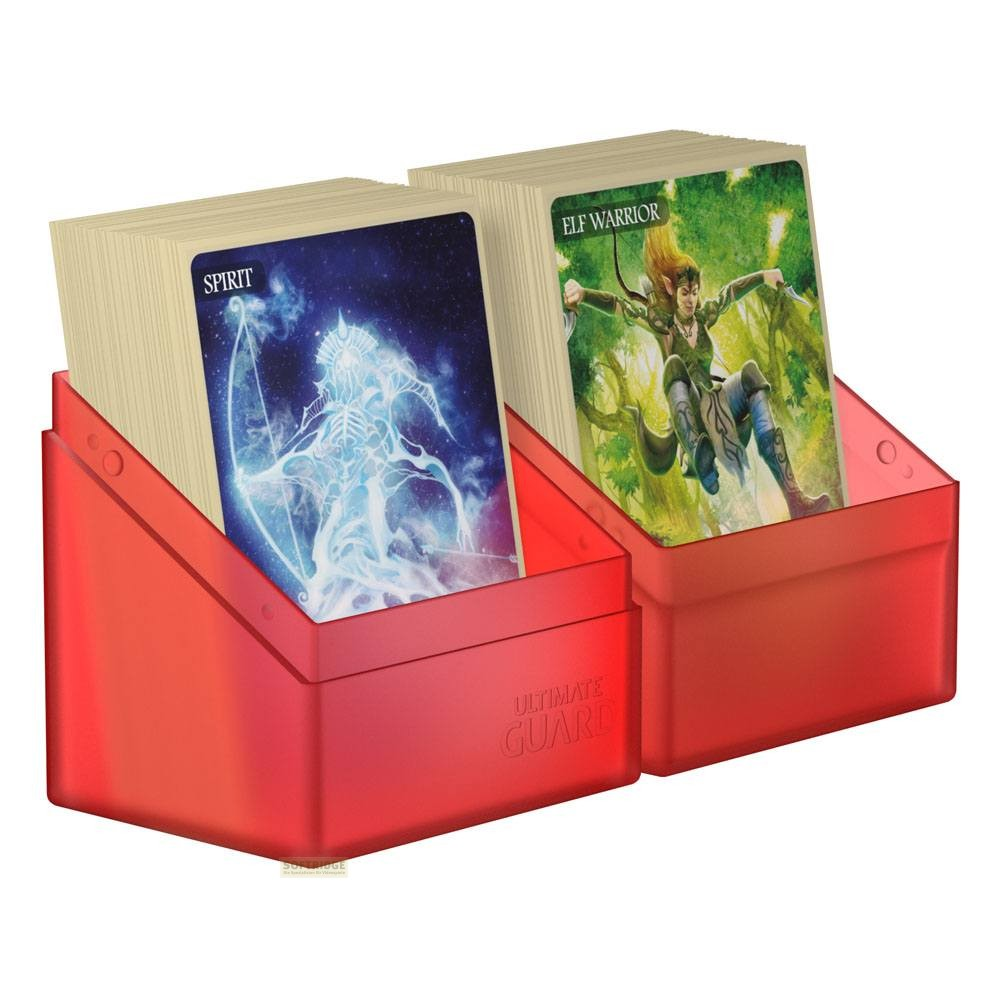 Deux boîtes de cartes rouges translucides contenant des cartes fantastiques, l'une montrant un esprit, l'autre un elfe.