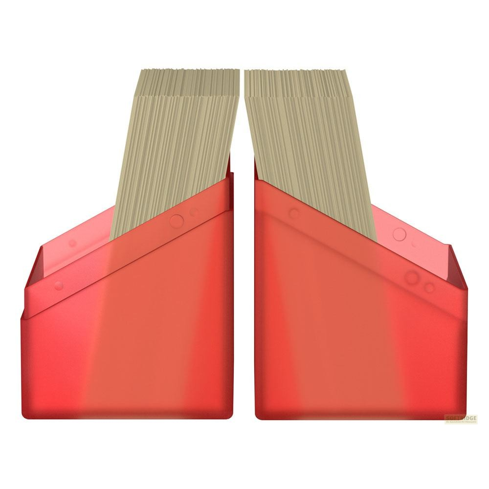 Deux supports rouges remplis de grandes quantités de papier brun empilé sur fond blanc.