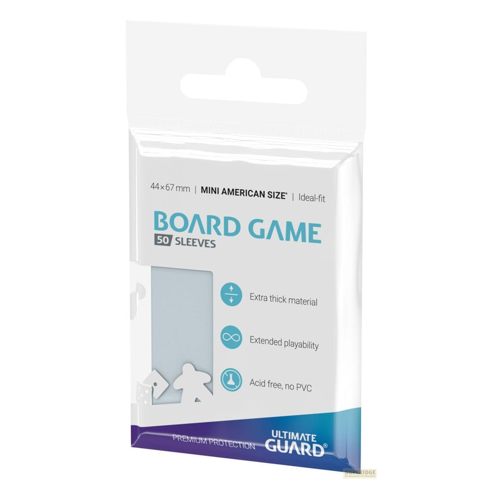 Un paquet de 50 protège-cartes Ultimate Guard pour jeux de société format mini américain, sur fond blanc.